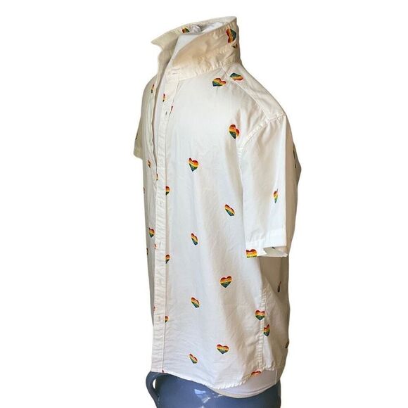 Mens Denim and Flower Rainbow Heart Button Up, Small. Slim fit. Pride! - Picture 4 of 14